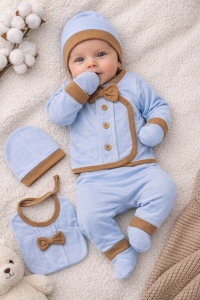 Set bebelusi 5 piese bleu cu maro bumbac premium nou nascut 0-3 luni elegant