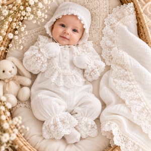 Set botez bebe premium din muselina alba 4 piese cu dantela – salopeta, paturica, boneta si manusi