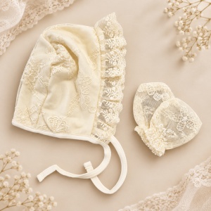 Set botez fetita premium 4 piese ivoire cu dantela, bumbac la interior si paturica eleganta - Img 7