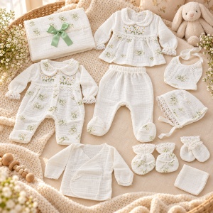 Set complet bebe din muselina 10 piese, imprimeu floral, alb cu verde