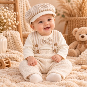 Set elegant bebe din bumbac, bluza cu papion, pantaloni cu bretele si sapca, crem