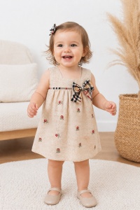 Set fetite 2 piese rochita si bloomer crem cu imprimeu floral si funda