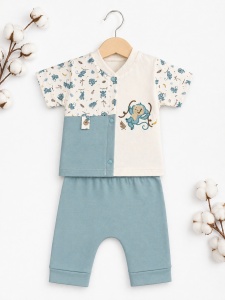 Set haine bebe baiat 2 piese bumbac premium – tricou cu capse si pantaloni albastri cu maimuta - Img 2