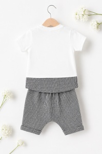 Set haine bebe baiat 2 piese bumbac premium – tricou si pantaloni scurti cu ursulet gri - Img 3