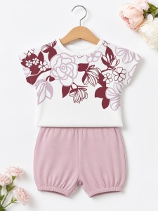 Set haine bebe fete 2 piese bumbac – tricou floral si pantaloni scurti roz - Img 2