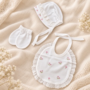 Set nou nascut 10 piese bumbac alb cu floricele roz, dantela, paturica si accesorii - Img 4