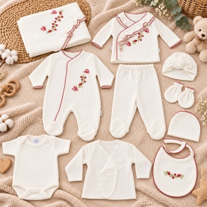 Set nou nascut 10 piese bumbac, alb rosu, flori si fluturasi, paturica, salopeta si accesorii