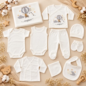 Set nou nascut 10 piese bumbac alb, ursulet balon, paturica, body si accesorii bebe