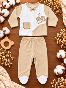 Set nou nascut 10 piese bumbac bej alb, ursuleti, paturica, body si accesorii bebe - Img 2