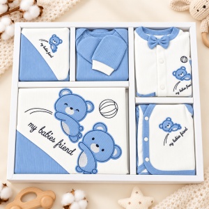 Set nou nascut 10 piese bumbac, bleu alb, ursuleti, paturica, body si accesorii bebe - Img 2