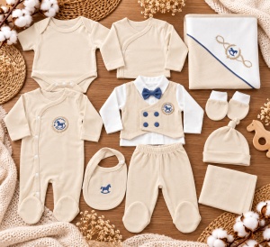Set nou nascut 10 piese bumbac crem cu salopeta, body, compleu elegant si paturica