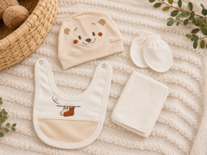 Set nou nascut 10 piese din 100% bumbac Bath Time ivoire si bej cu paturica, prezentare in decor
