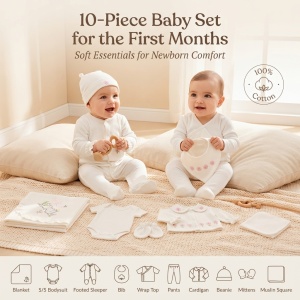 Set nou nascut 10 piese din bumbac alb cu floricele roz, body, salopeta si paturica - Img 6