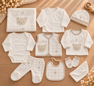 Set nou nascut 10 piese din bumbac, crem bej, ursulet, carouri, paturica si accesorii
