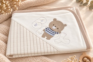 Set nou nascut 10 piese din bumbac, crem, ursulet brodat, paturica, body, pantaloni - Img 2
