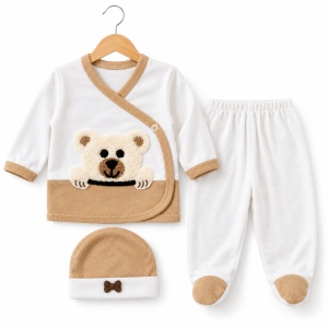 Set nou-nascut 10 piese din bumbac organic cu paturica, body si accesorii, ursulet, maro caramel - Img 4