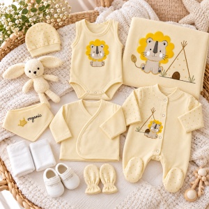 Set nou-nascut 10 piese din bumbac organic, salopeta, body, paturica si accesorii, model leut, galben crem - Img 2