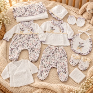 Set nou nascut 10 piese din muselina, imprimeu floral, bluza, salopeta, pantaloni, caciulita si accesorii