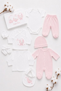 Set nou nascut 10 piese roz Happy Bear, bumbac moale pentru fetite - Img 7