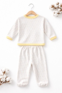 Set nou nascut 3 piese bumbac alb galben ursulet body pantaloni caciulita unisex - Img 4