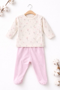 Set nou nascut 3 piese bumbac crem roz flori body pantaloni caciulita fete - Img 3