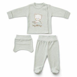 Set nou nascut 3 piese din bumbac vernil, bluzita cu ursulet, pantaloni cu botosei si caciulita - Img 3