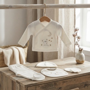 Set nou nascut 5 piese bumbac alb cu koala brodat si botosei integrati - Img 5