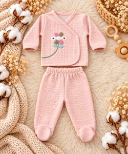 Set nou nascut 5 piese bumbac organic roz cu floricica, pantaloni cu botosei integrati - Img 4