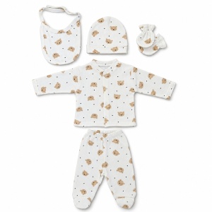 Set nou nascut 5 piese cu ursuleti, bluza, pantaloni cu botosei, caciulita, baveta si manusi - Img 4