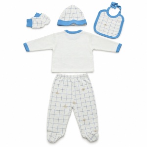 Set nou-nascut 5 piese din bumbac alb si bleu cu ursulet, model carouri si pantaloni cu botosei - Img 5