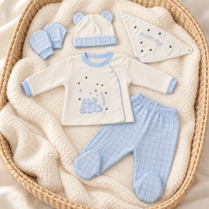 Set nou-nascut 5 piese din bumbac alb si bleu cu ursulet Mummy si pantaloni cu botosei integrati