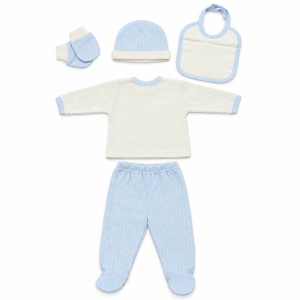 Set nou-nascut 5 piese din bumbac alb si bleu cu ursulet, pantaloni cu botosei integrati - Img 5
