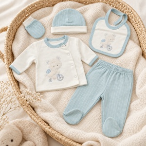 Set nou-nascut 5 piese din bumbac alb si bleu cu ursulet pe bicicleta, pantaloni cu botosei