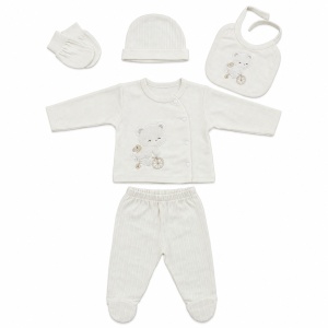 Set nou-nascut 5 piese din bumbac ivoire cu ursulet, pantaloni cu botosei integrati - Img 4