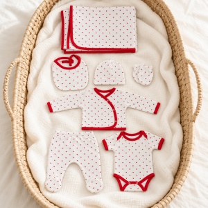 Set nou nascut 7 piese din bumbac alb cu inimioare rosii, body, pantalon si paturica
