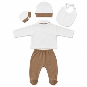 Set nou nascut baiat 5 piese din bumbac alb si maro cu papion si pantaloni cu botosei - Img 5