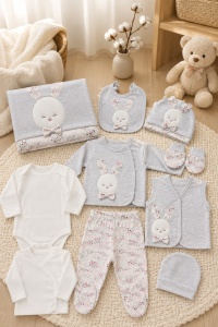 Set nou nascut fetita 10 piese 100% bumbac, iepuras, paturica inclusa, gri melanj