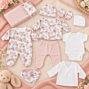 Set nou nascut fetita 10 piese din bumbac, roz cu imprimeu floral si veverite