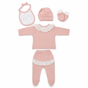 Set nou-nascut fetita 5 piese bumbac, roz pudrat cu floricele, fundite si botosei integrati - Img 5