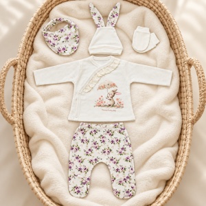 Set nou nascut fetita 5 piese din bumbac, crem cu imprimeu floral mov si iepuras, pantaloni cu botosei