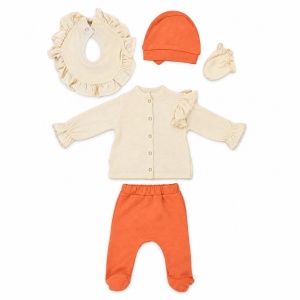 Set nou nascut fetita 5 piese din bumbac, crem si corai, cu volane si flori - Img 4