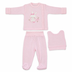 Set nou nascut fetite 3 piese din bumbac roz cu iepuras, bluzita, pantaloni cu botosei si caciulita - Img 2