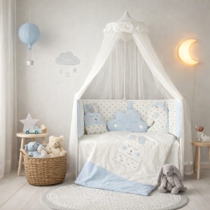 Set patut bebe albastru 7 piese protectie laterala perne decorative plapuma 100 bumbac