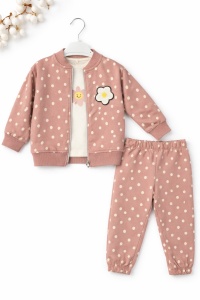 Set trening fete 3 piese roz pudra cu buline jacheta bluza pantaloni - Img 2