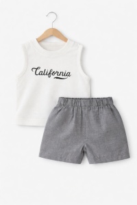 Set vara gri bebe 3 piese bumbac tricou camasa si pantaloni scurti casual - Img 3