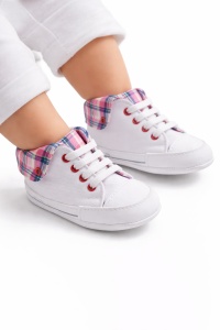 Tenisi bebelusi albi cu siret talpa flexibila guler carouri stil sport casual