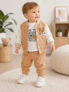 Trening bebe 3 piese camel din bumbac cu bluza, jacheta college si pantaloni pentru bebelusi