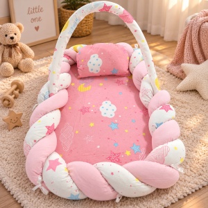 Baby nest cu baldachin 60x80 cm si pernuta, roz, model Stelute si Norisori, pentru nou nascuti - Img 5