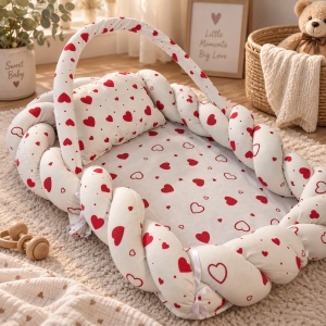 Baby nest impletit 60x80 cm cu baldachin si pernuta, model Inimioare pentru nou nascuti - Img 2