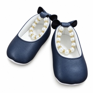 Balerini bebe fetite bleumarin cu perle, fundita si talpa moale - Img 4